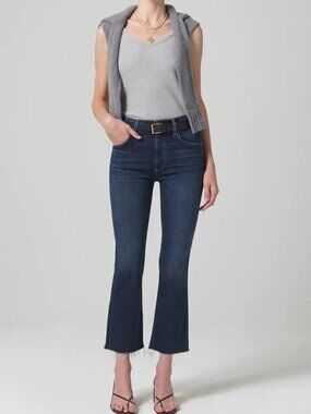 Citizens Of Humanity Deep Vintage Blue Mid-Rise Cropped Bootcut Jeans Raw Hem 27